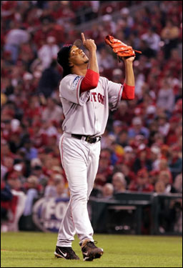 Pedro Martinez after a no-hitter in Game 3 of the 2004 World Series. Photo via Boston Globe.