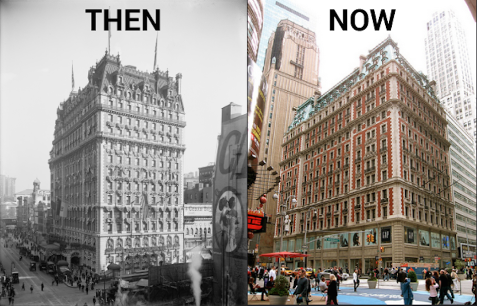 The Knickerbocker Hotel in Times Square, early 20th century and 2015